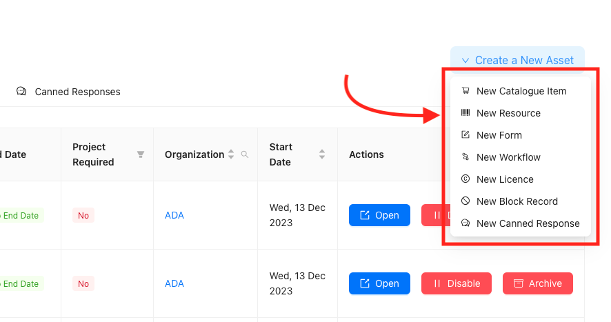 Opening the Asset Creation Dropdown