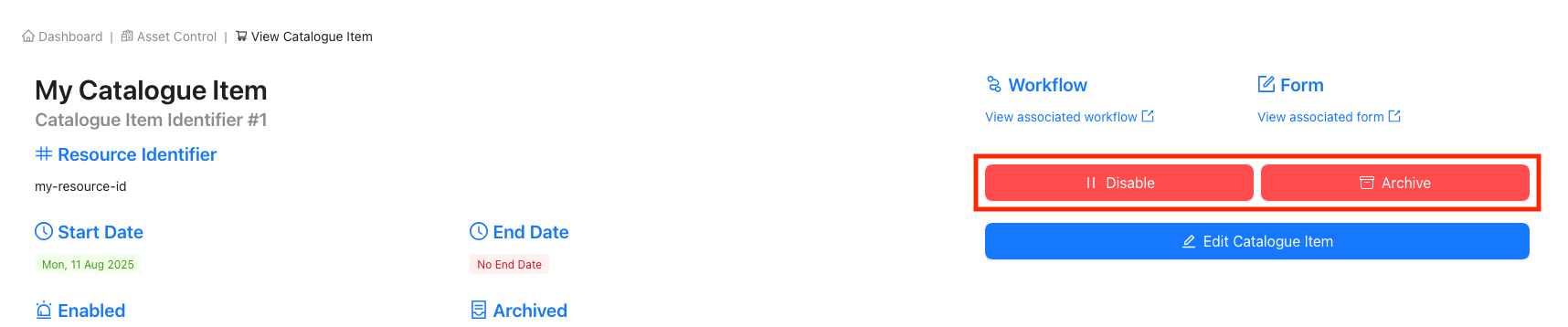 Archiving or Disabling (Catalogue Item View)