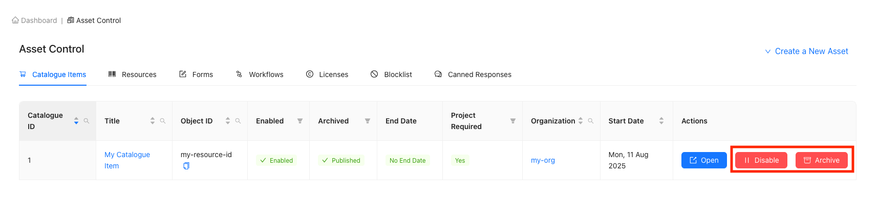 Archiving or Disabling (Table View)