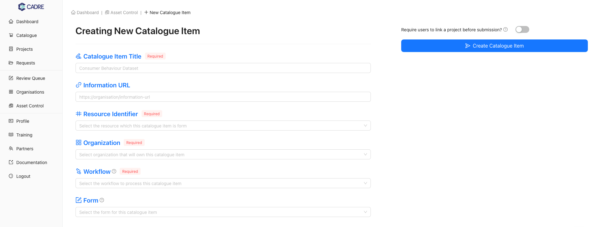 Empty New Catalogue Item Form