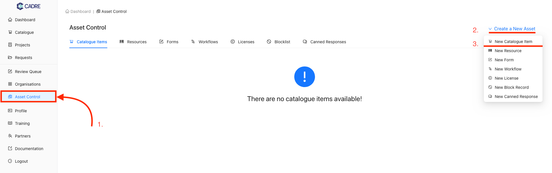 Navigating to New Catalogue Item Form