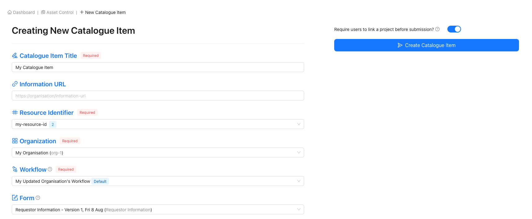 Populated Catalogue Item Form