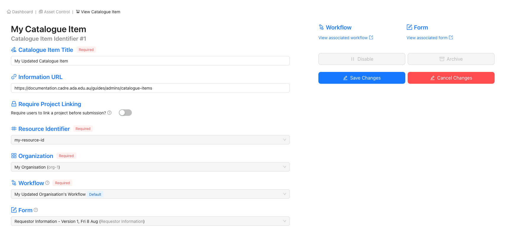 Updating a Catalogue Item's Details