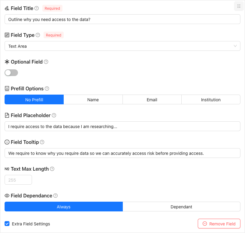 Populated Form Field with Extra Field Settings