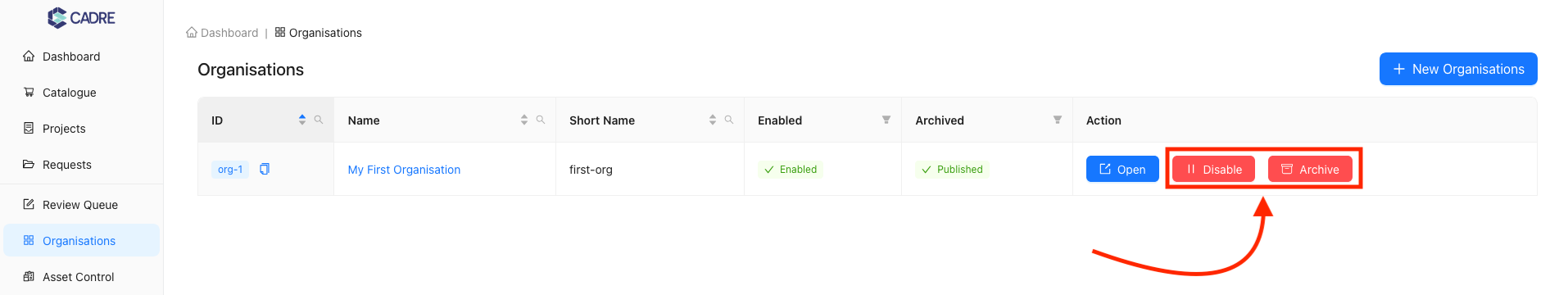 Archiving or Disabling (Tabular View)