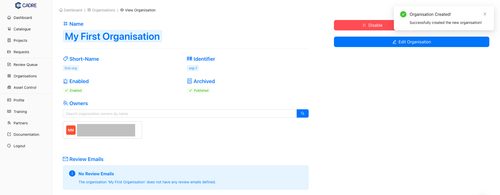 Created New Organisation