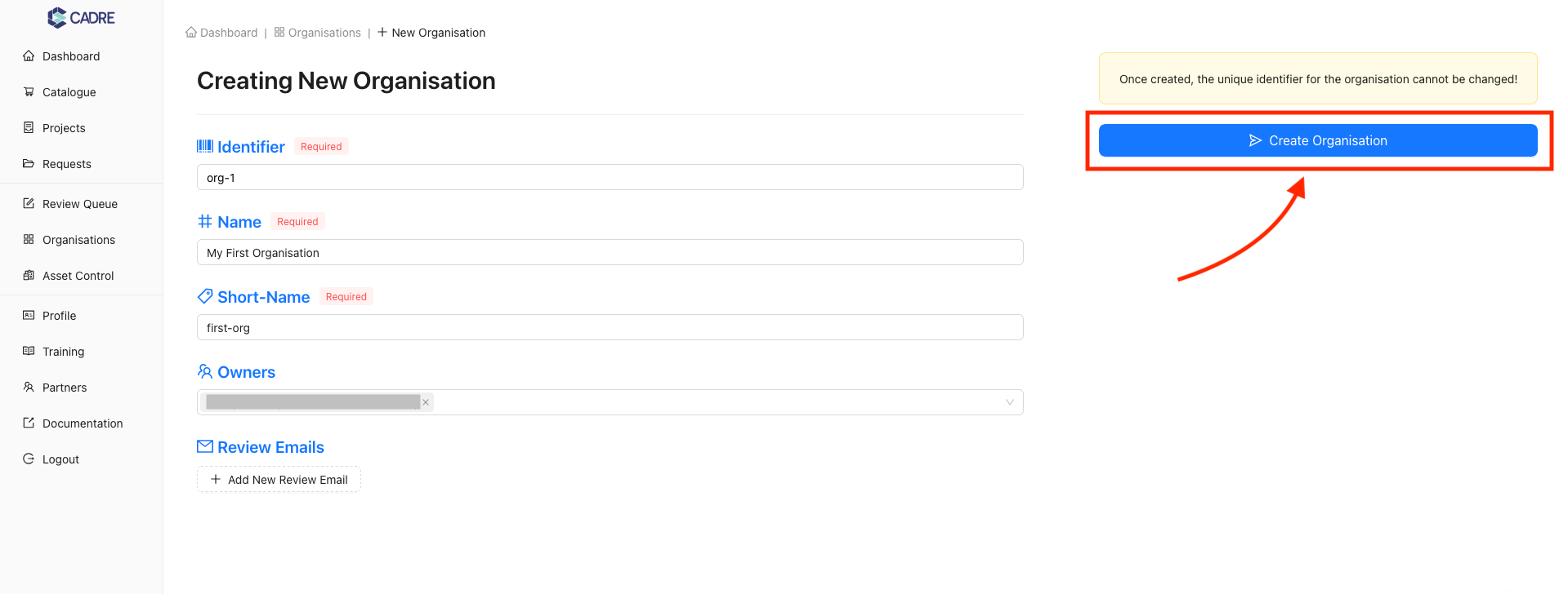 Submit New Organisation Form