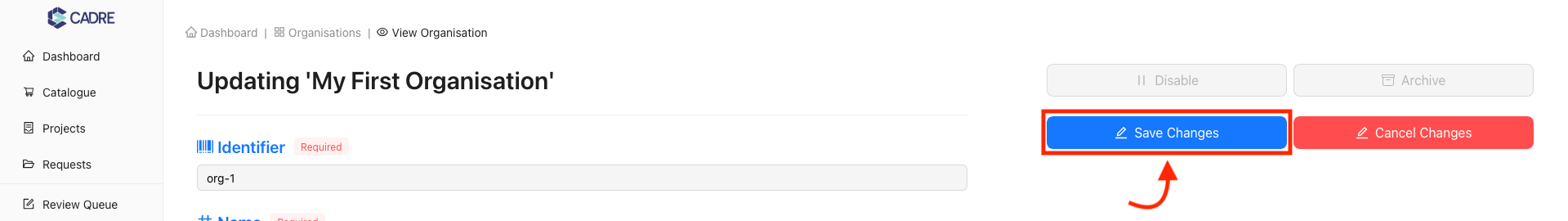 Saving updated organisation