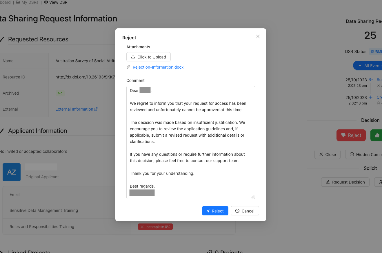 Provide Rejection Information