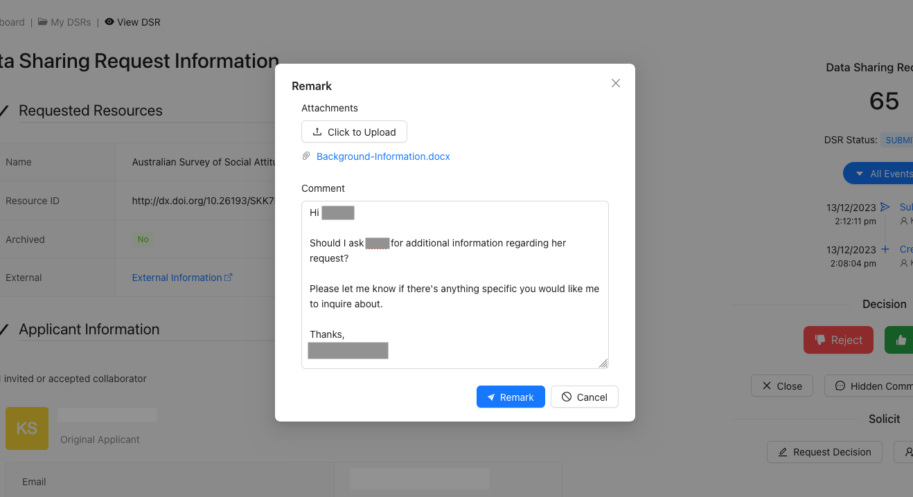 Populated Internal Comment